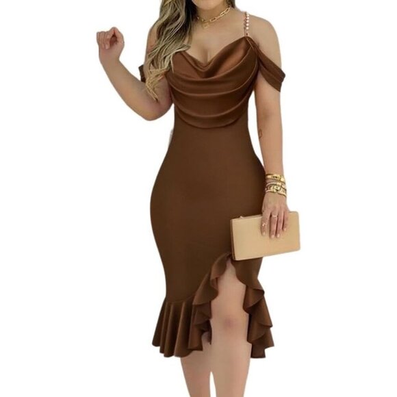 Dresses & Skirts - Women's Sexy Bodycon Brown Dress Off Shoulder Pearl Strap Midi Ruffle Cocktail